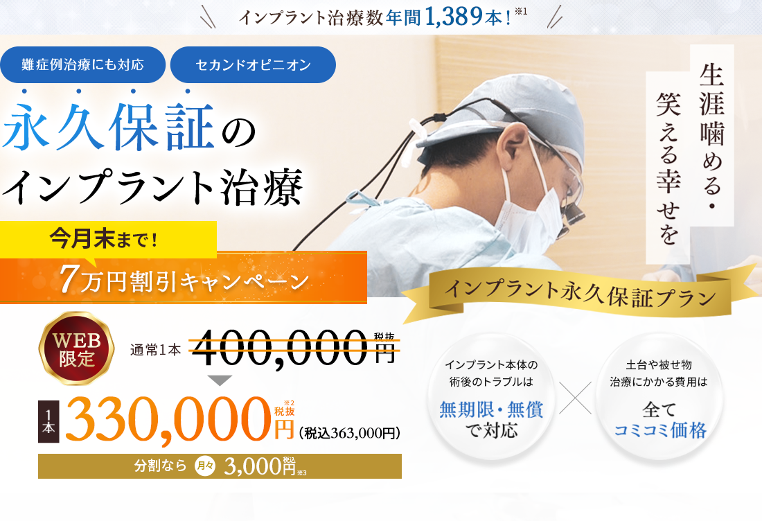 永久保証のインプラント治療で生涯噛める・笑える幸せを